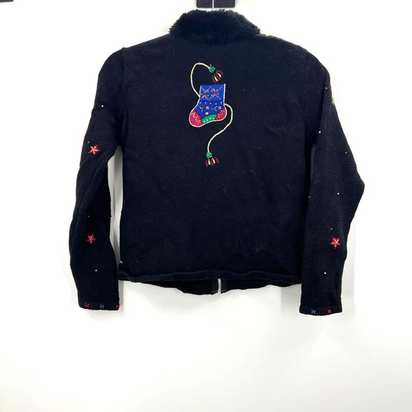 Vintage Embroidered Beaded Stocking Ugly Christmas Sweater Cardigan Medium - Picture 2 of 7